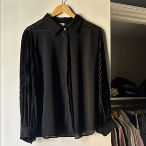 Chic Black see through Women's Blouse with Pleated Sleeves